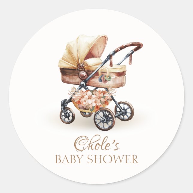 Neutrale Babydusche von Boho Floral Stroller Runder Aufkleber (Vorderseite)