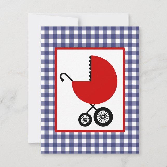 Neutrale Babyparty - roter Wagen u. blauer Gingham Einladung (Vorderseite)