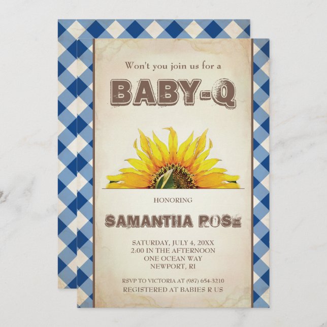 Neutrale BabyQ Babydusche, GRILLEN Baby Q lädt ein Einladung (Vorne/Hinten)