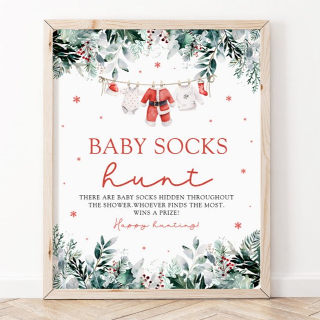 Neutrale Babysocken-Babydusche Red Santa Gender Poster (Watercolor Red Santa Gender Neutral Baby Socks Baby Shower Sign)
