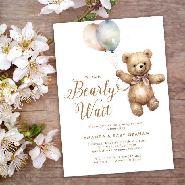 Neutrale Bear Wait Teddy Bear Baby Shower Einladung (Von Creator hochgeladen)