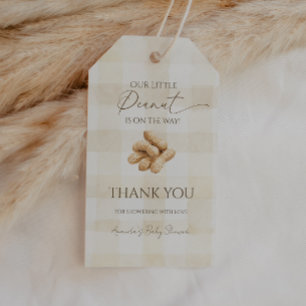 Neutrale Beige Gingham Erdnuss Baby Shower Dekorat Geschenkanhänger