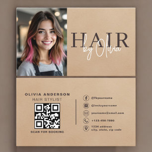 Neutrale Beige-Wildleder-Friseur-Foto-QR-Code Visitenkarte