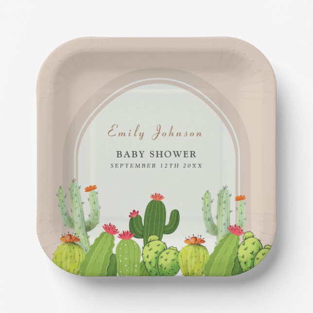 Neutrale Boho Cactus Arch Baby Shower Pappteller (Vorderseite)