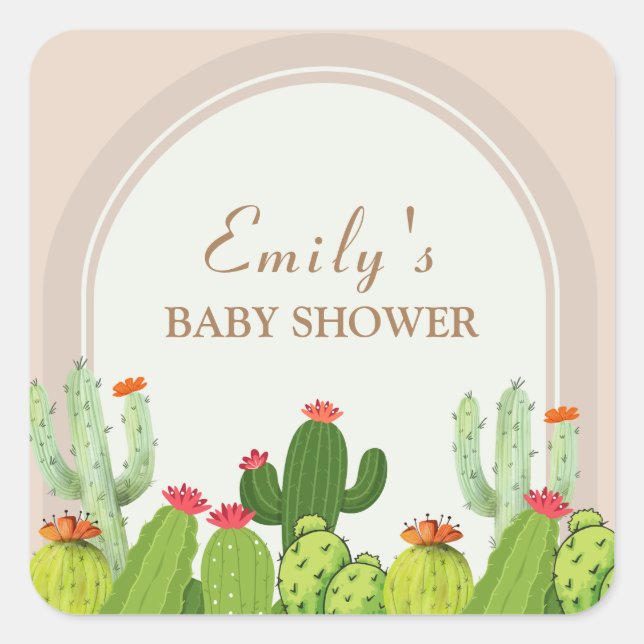 Neutrale Boho Cactus Arch Baby Shower Quadratischer Aufkleber (Vorderseite)