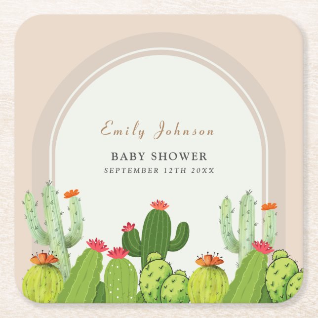 Neutrale Boho Cactus Arch Baby Shower Rechteckiger Pappuntersetzer (Vorderseite)