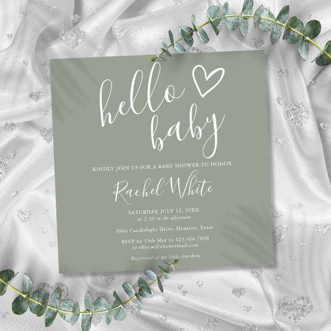 Neutrale Boho Sage Green Hello Baby Dusche Einladung (Gender Neutral Boho Sage Green Hello Baby Shower Invitation)