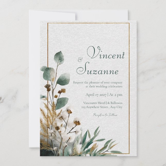 Neutrale Botanische Baumwolle und Leaf-Hochzeit Einladung (Vorderseite)