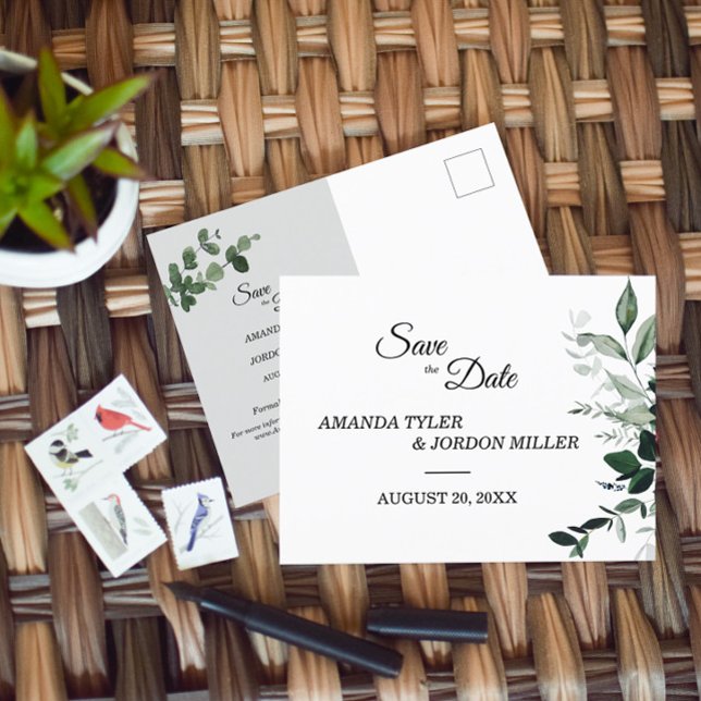 Neutrale botanische Hochzeit Sichern Sie das Datum Ankündigungspostkarte (Von Creator hochgeladen)