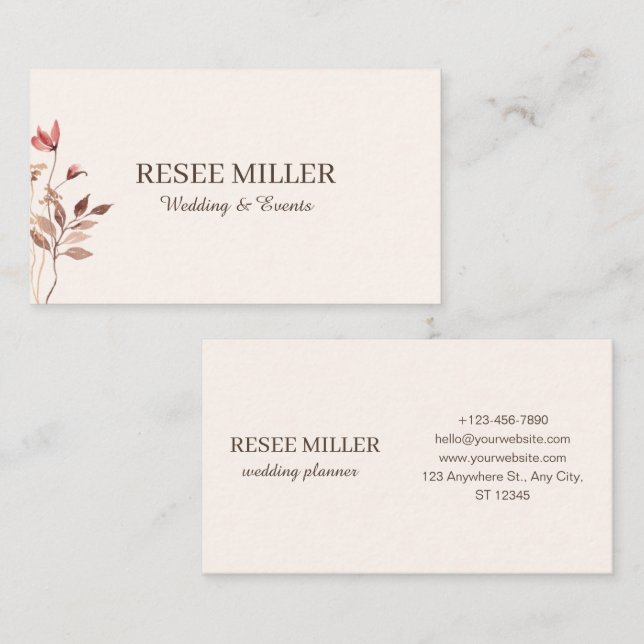 Neutrale Elegant Einfache Blume Hochzeit Visitenkarte (Vorne/Hinten)