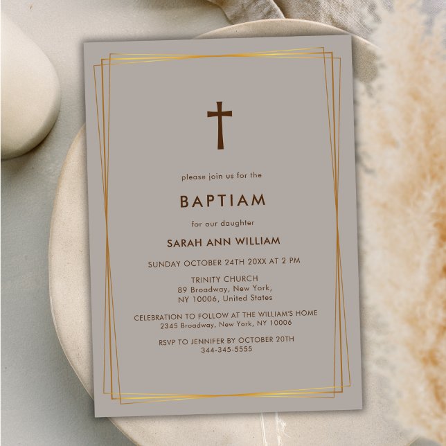 Neutrale Elegant-Gold-Typografie Kreuztaufe Einladung (Neutral Elegant Gold Typography Cross Baptism Invitation)