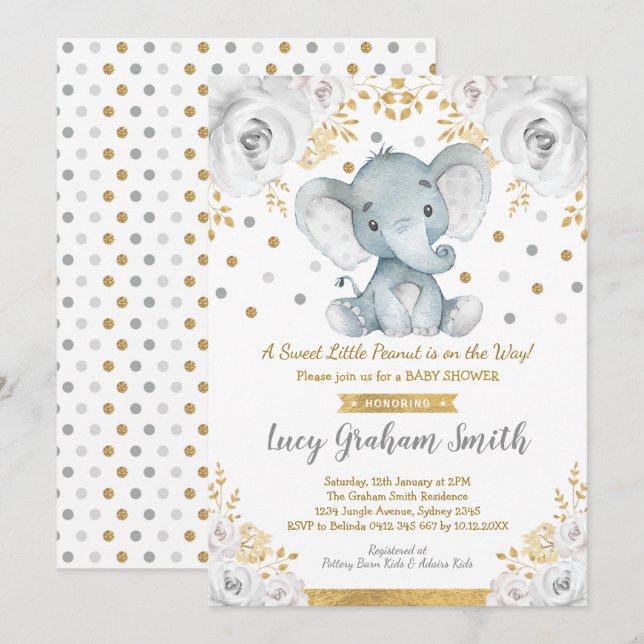 Neutrale Elephant Baby Dusche Gold Gray Floral Einladung (Vorne/Hinten)