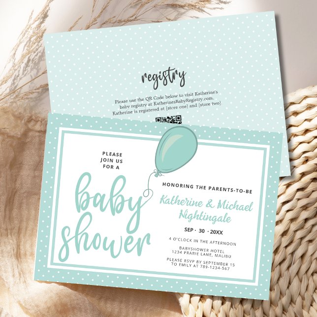 Neutrale Eltern Minze QR Code Babydusche Einladung (Gender Neutral Pastel Green Parents Baby Shower Invitation with QR code, balloon, polka dots.)