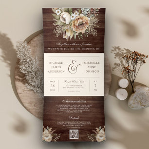 Neutrale Erdige Florale Creme Holz QR Code Hochzei Dreifach Gefaltete Einladung