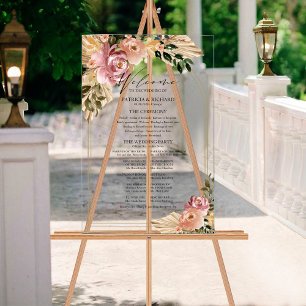 Neutrale Farben Boho Floral Hochzeitsprogramm Acrylschild