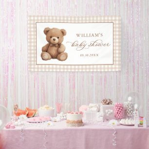 Neutrale Gingham Teddy Bear Baby Shower Banner