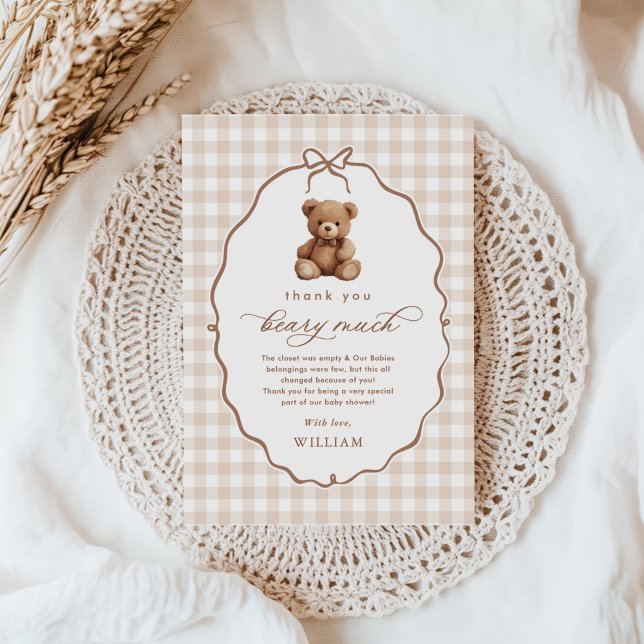 Neutrale Gingham Teddy Bear Baby Shower Dankeskarte (Von Creator hochgeladen)