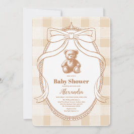Neutrale Gingham Teddy Bear Baby Shower Einladung