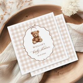 Neutrale Gingham Teddy Bear Baby Shower Serviette