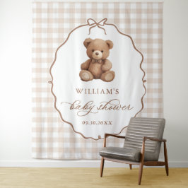 Neutrale Gingham Teddy Bear Baby Shower Wandteppich