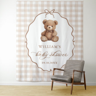 Neutrale Gingham Teddy Bear Baby Shower Wandteppich