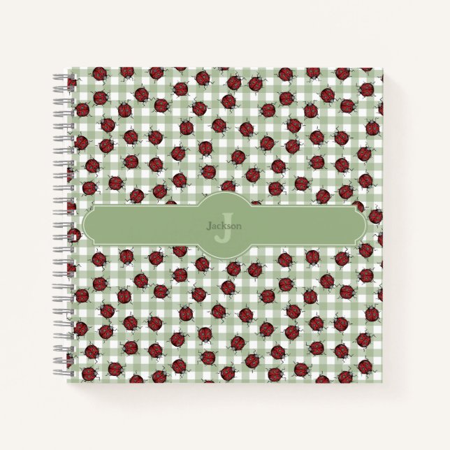 Neutrale Ladybug Muster Green Gingham Name Notizbuch (Vorderseite)