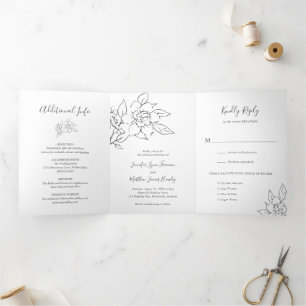 Neutrale Linie Art Floral Elegante Hochzeit Dreifach Gefaltete Einladung