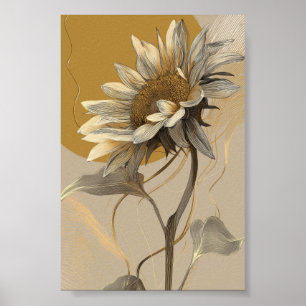 Neutrale Minimalistische Linienkunst Sonnenblume Poster