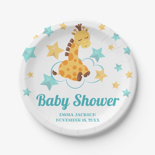 Neutrale Niedliche Giraffe & Stars Kinderdusche Pappteller (Vorderseite)