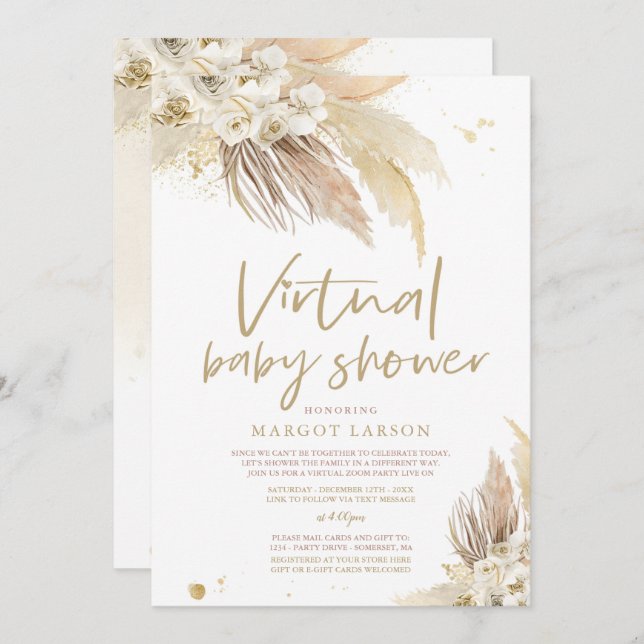Neutrale Pampas Grass Virtual Baby Shower Einladung (Vorne/Hinten)