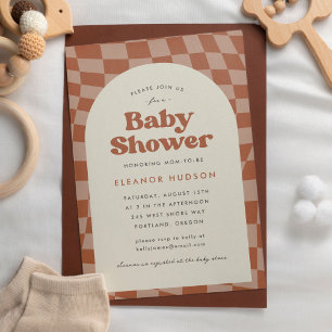 Neutrale Retro-Groovy-70er-Schachbrett-Baby-Party Einladung