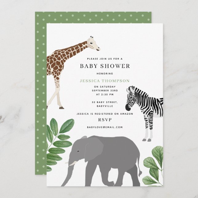 Neutrale Safari Wildtiere Baby Dusche Einladung (Vorne/Hinten)