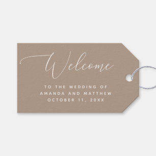 Neutrale staubige Taupe-Hochzeit. Moderne rustikal Geschenkanhänger