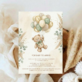 Neutrale Teddybär-Baby-Party Blumen Grün Einladung