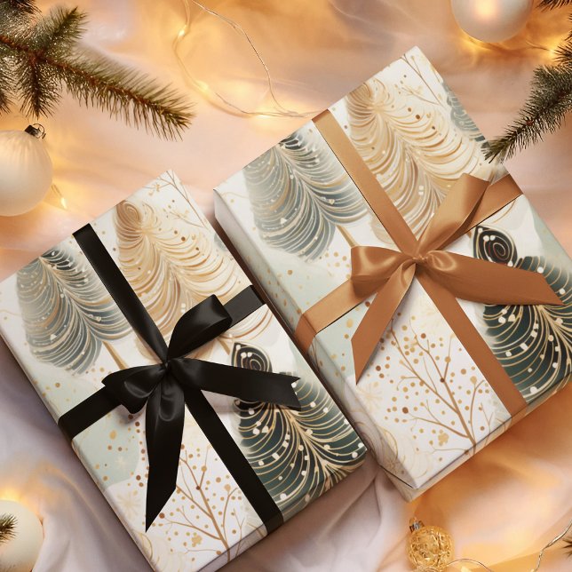 Neutrale Töne fesseln Weihnachtsmagie Geschenkpapier Set (Ivory and hunter green whimsical tree pattern in neutral tones for the holiday seasons)