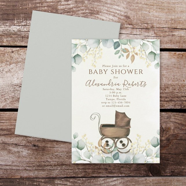 Neutrale Vintage Babydusche Einladung (Baby shower invitation with vintage carriage invitations)