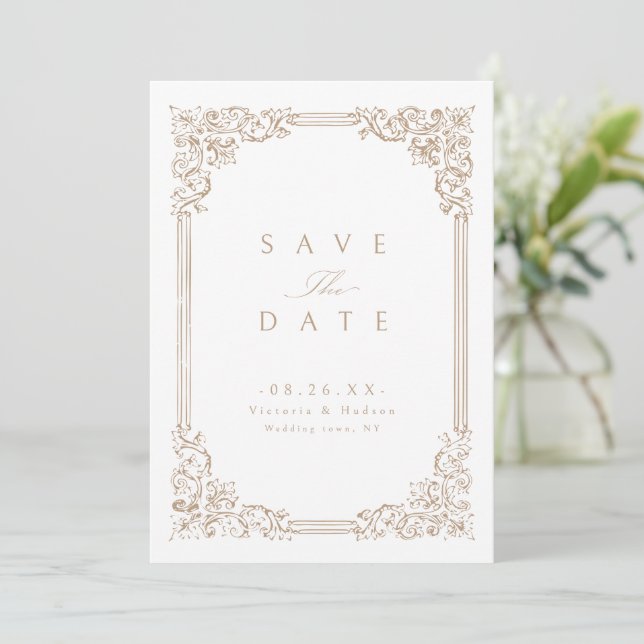 Neutrale Vintage Rahmen Elegante Hochzeit Save The Date (Stehend Vorderseite)
