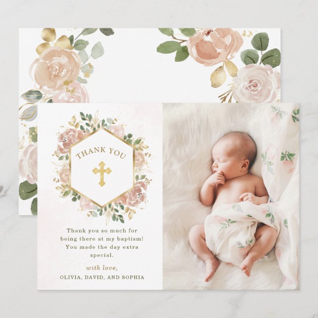 Neutrale Wasserfarbe Floral und Gold| Foto Taufe Dankeskarte (Vorne/Hinten)