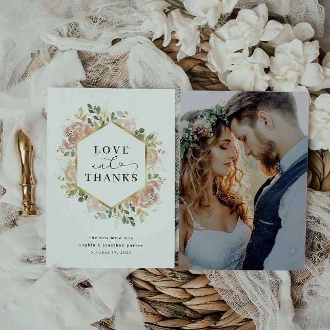 neutrale Wasserfarbenfloral | Gold Liebe und Dank Dankeskarte (Von Creator hochgeladen)