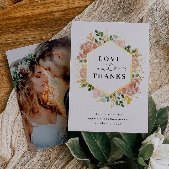 neutrale Wasserfarbenfloral | Liebe und Dank Gold Folieneinladung (Von Creator hochgeladen)