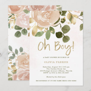 neutrale Wasserfarbenfloral Oh Boy Baby Shower Einladung