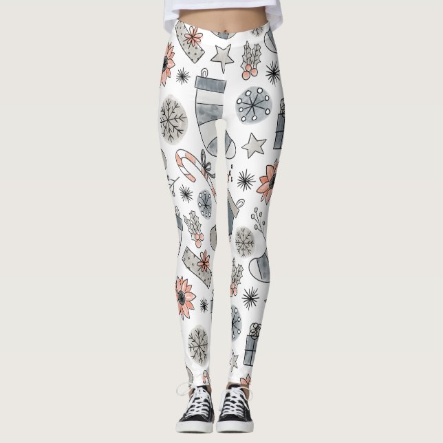Neutrale WeihnachtsLeggings mit handGezeichnet Mus Leggings (Vorderseite)