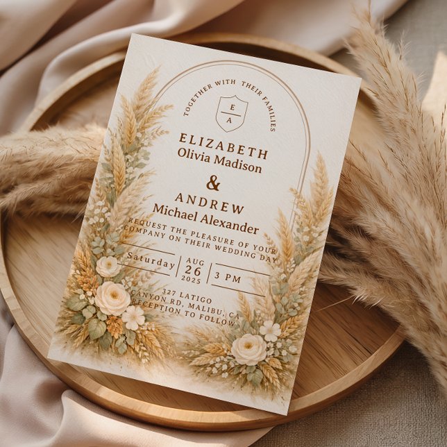 Neutrale Weizenbogen-Blumenhochzeit Einladung (Von Creator hochgeladen)