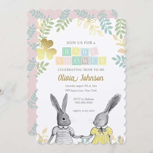 Neutrale Whimsical Rustic Bunny Baby Shower Einladung (Vorne/Hinten)