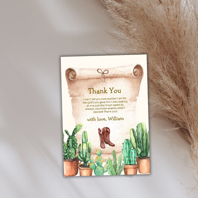 Neutrale Wüstenkaktus Cowboy Boots Baby Shower Dankeskarte (Neutral Desert Cactus Cowboy Boots Baby Shower Thank You Card)