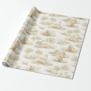 Neutraler Bunny-Bär-Picknick-Blumengarten (2) Geschenkpapier