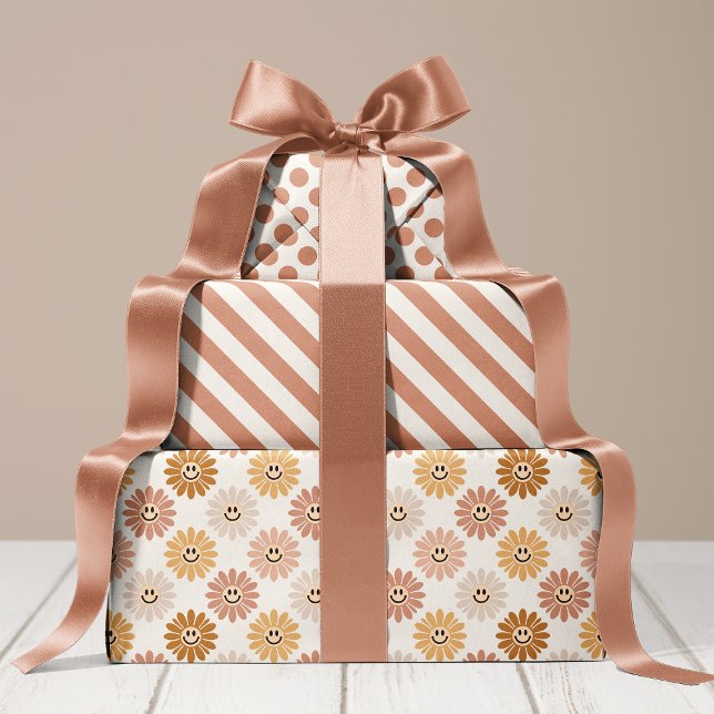 Neutraler Daisy Floral Stripes Polka Dot Geschenkpapier Set (Von Creator hochgeladen)