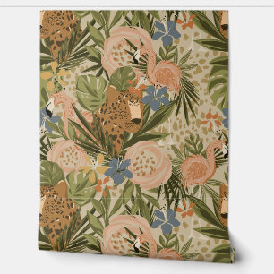 Neutraler Dschungel Cheetah und Flamingo Floral Tapete