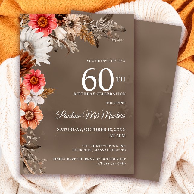 Neutraler Fall von weißer Blume Blume 60. Geburtst Einladung (Need matching autumn signs or party supplies? Message me!)
