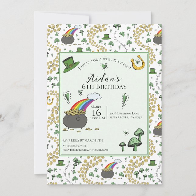 Neutraler Grüner St Patricks Day Kindergeburtstag Einladung (Vorderseite)
